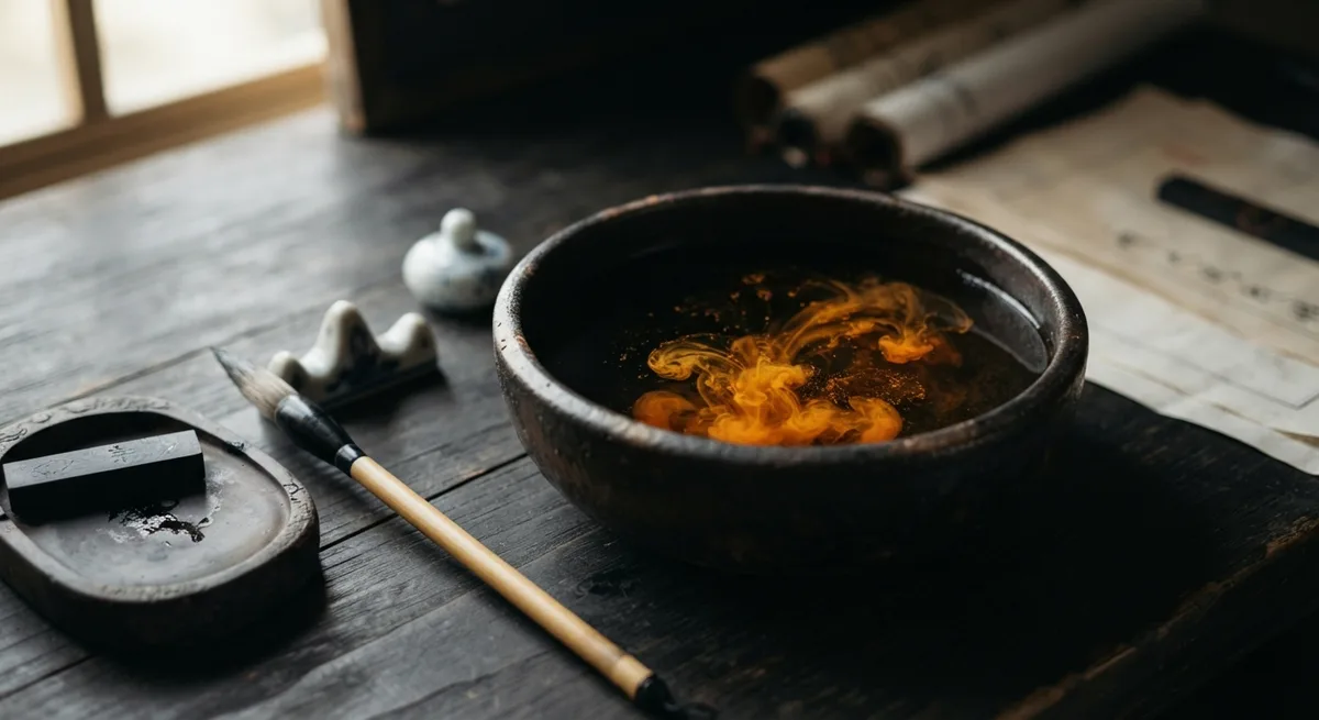 琥珀金颜料在黑碗清水中晕开